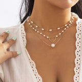 Colar Coração Triplo Com Pérolas