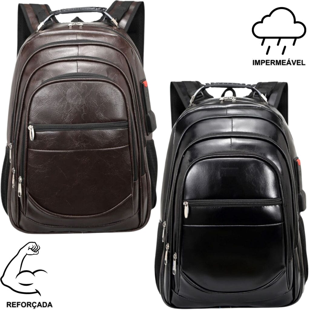 Bolsa Mochila Couro Universitária Unissex Grande Reforçada Cabo de Aço Média e Grande Preta e Marrom Superfacilita 