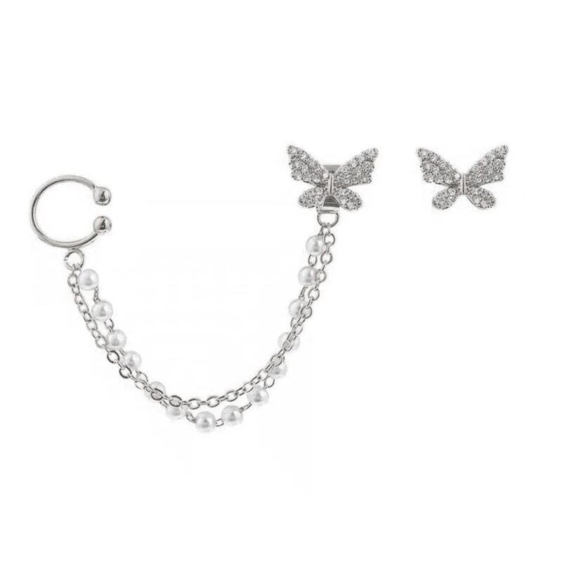 Brincos de Pressão Feminino Borboleta Corrente de Pérolas Piercing Fake SH - 498 - Brincos de Pressão Feminino Borboleta Corrente de Pérolas Piercing Fake Superfacilita Prata 