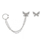 Brincos de Pressão Feminino Borboleta Corrente de Pérolas Piercing Fake SH - 498 - Brincos de Pressão Feminino Borboleta Corrente de Pérolas Piercing Fake Superfacilita Prata 