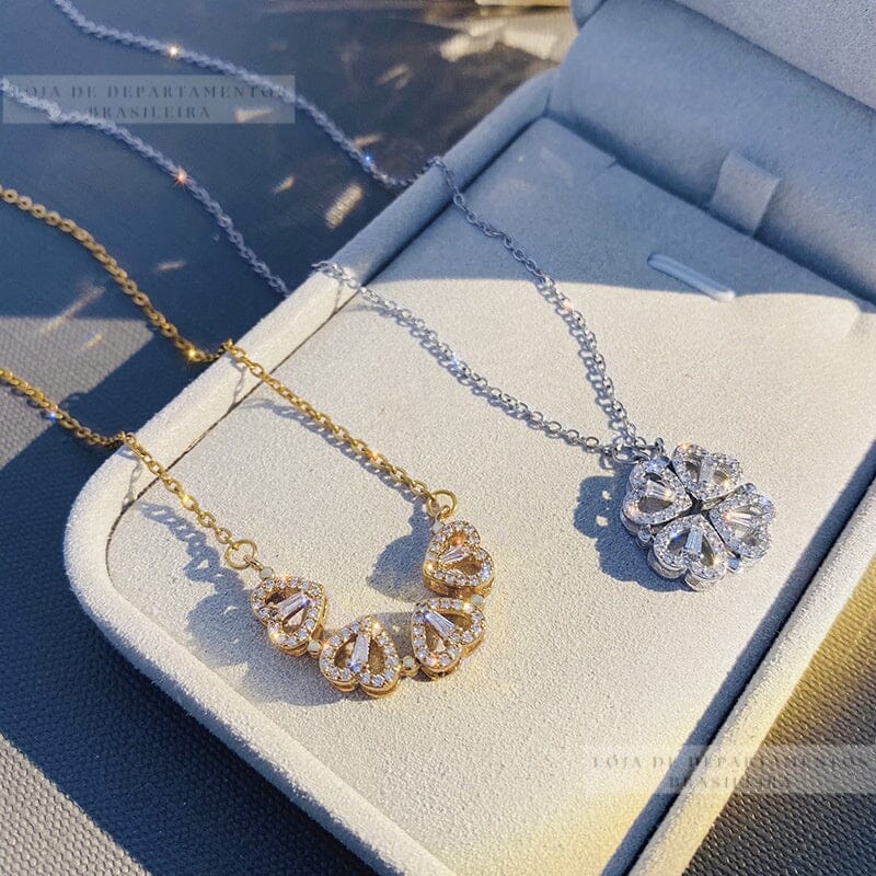 Colar Feminino Com Zircônias 2 Em 1 Formato Trevo e Corações SH - 506 - Colar Feminino Com Zircônias 2 Em 1 Formato Trevo e Corações Superfacilita 