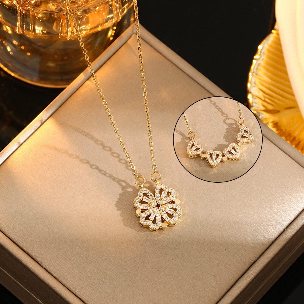 Colar Feminino Com Zircônias 2 Em 1 Formato Trevo e Corações SH - 506 - Colar Feminino Com Zircônias 2 Em 1 Formato Trevo e Corações Superfacilita Dourado 