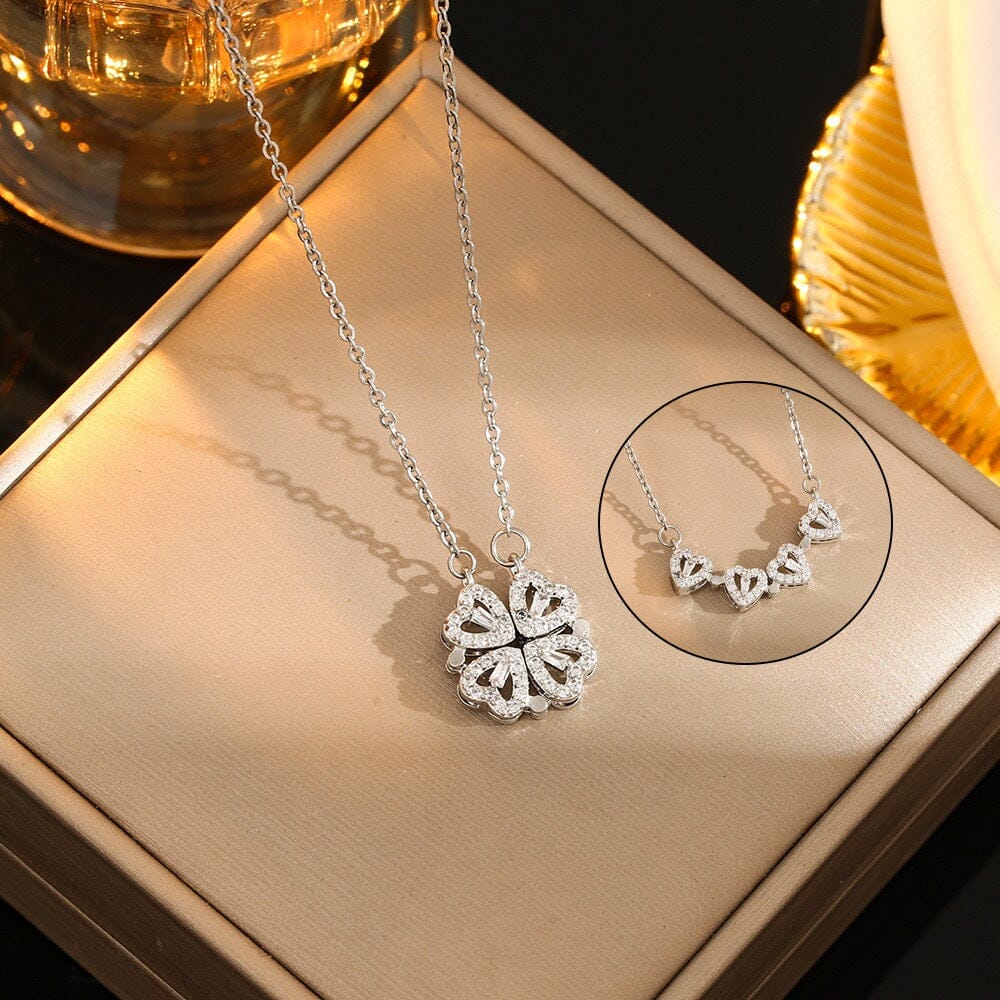 Colar Feminino Com Zircônias 2 Em 1 Formato Trevo e Corações SH - 506 - Colar Feminino Com Zircônias 2 Em 1 Formato Trevo e Corações Superfacilita Prata 