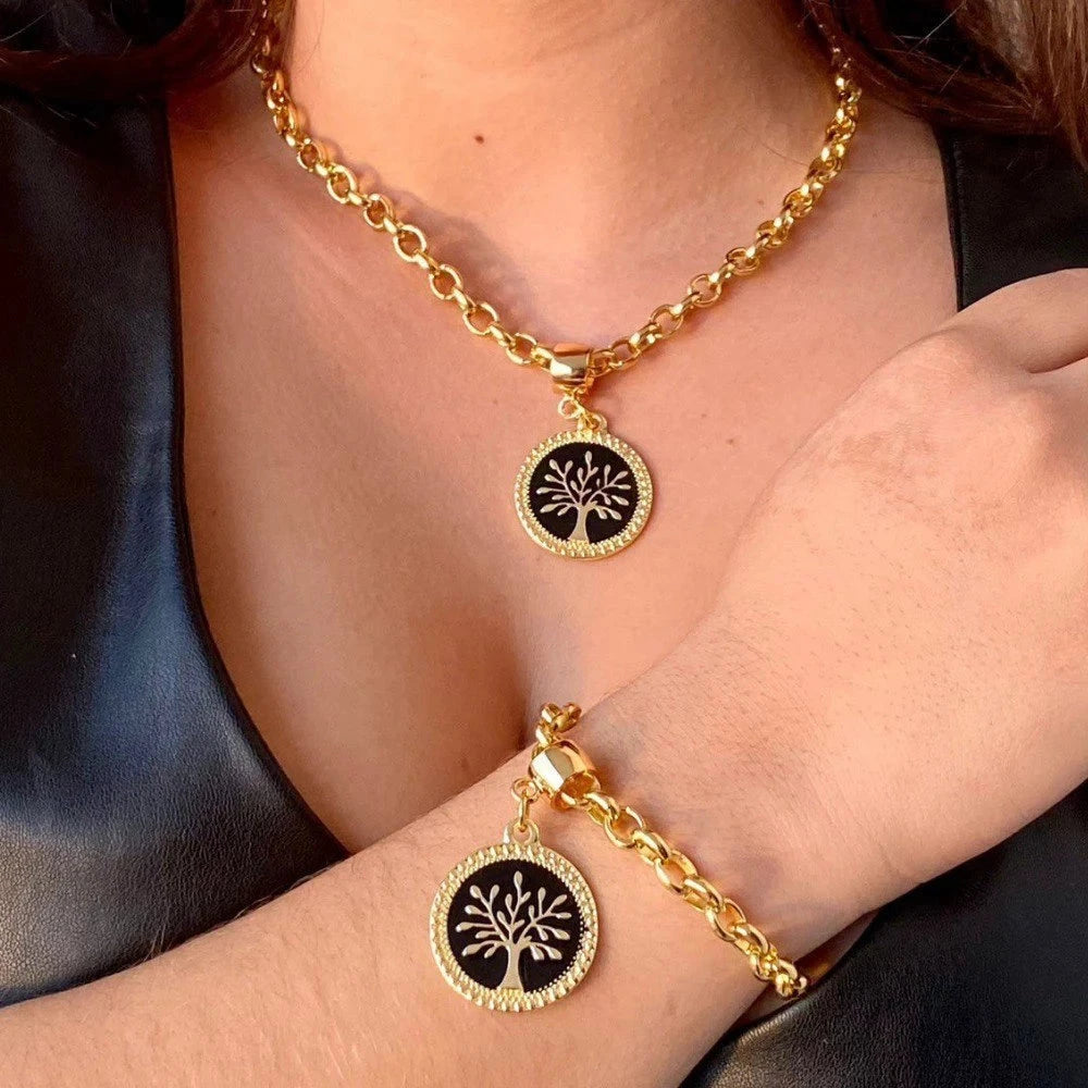 Conjunto Árvore da Vida Banhado a Ouro - Colar e Pulseira (Edição Especial Dia das Mães e Namorados) Conjunto Árvore da Vida Banhado - Colar e Pulseira (Edição Especial) Superfacilita Preto Sofisticado 