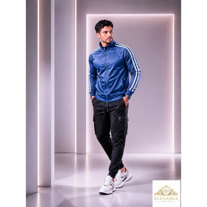 Jaqueta Masculina Esportiva Helanca Premium Estilo Chimpa com Zíper Frontal Listrada Casual Streetwear academia Superfacilita Azul P 