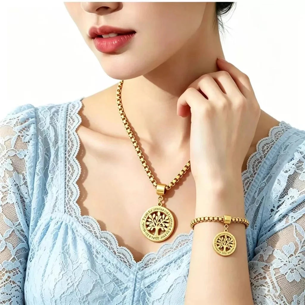 Joia Feminina Elegante – Colar e Pulseira Veneziana com Pingente Árvore da Vida Ouro 18K Superfacilita colar e pulseira-1 