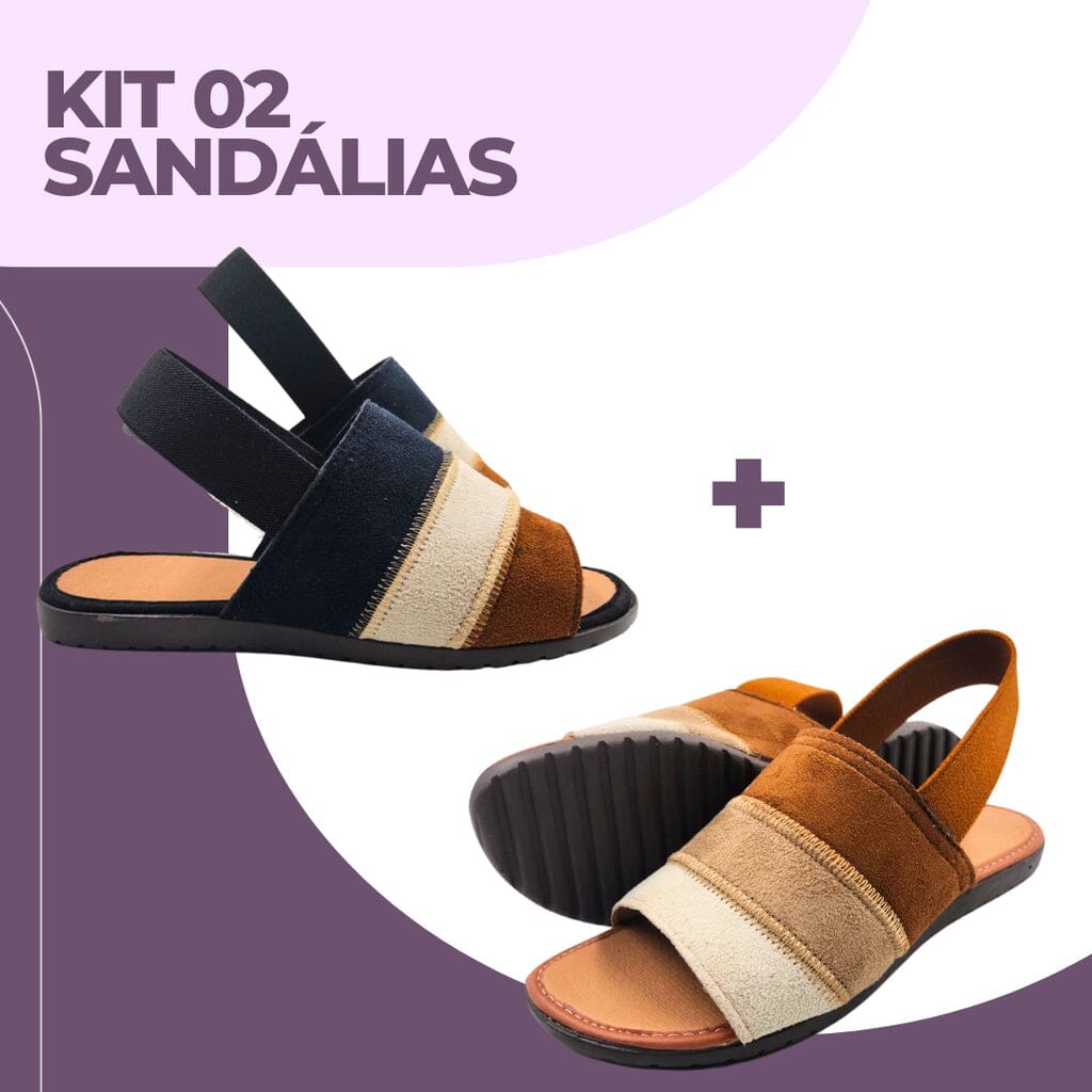 Kit 02 Rasteirinha Louise Elástico SH-02 - Kit 02 Rasteirinha Louise Elástico Superfacilita Preto e Caramelo 34 