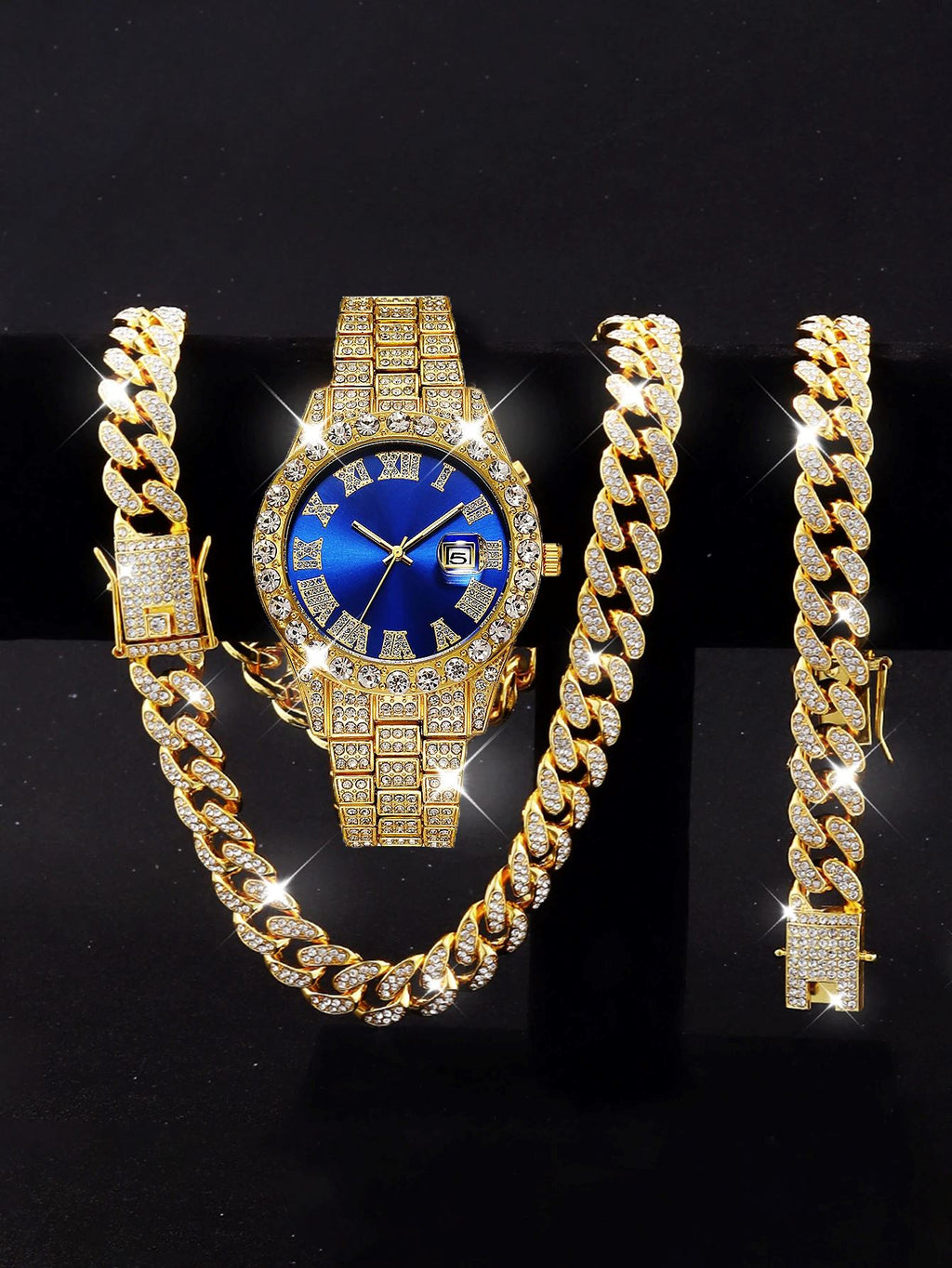 Kit Corrente Ice Cravejado + Pulseira + Relógio Masculino Mas - Rel - G1 - Kit Corrente Ice Cravejado + Pulseira + Relógio Superfacilita Dourado com Azul 