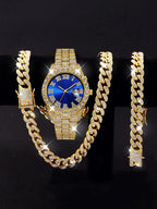 Kit Corrente Ice Cravejado + Pulseira + Relógio Masculino Mas - Rel - G1 - Kit Corrente Ice Cravejado + Pulseira + Relógio Superfacilita Dourado com Azul 