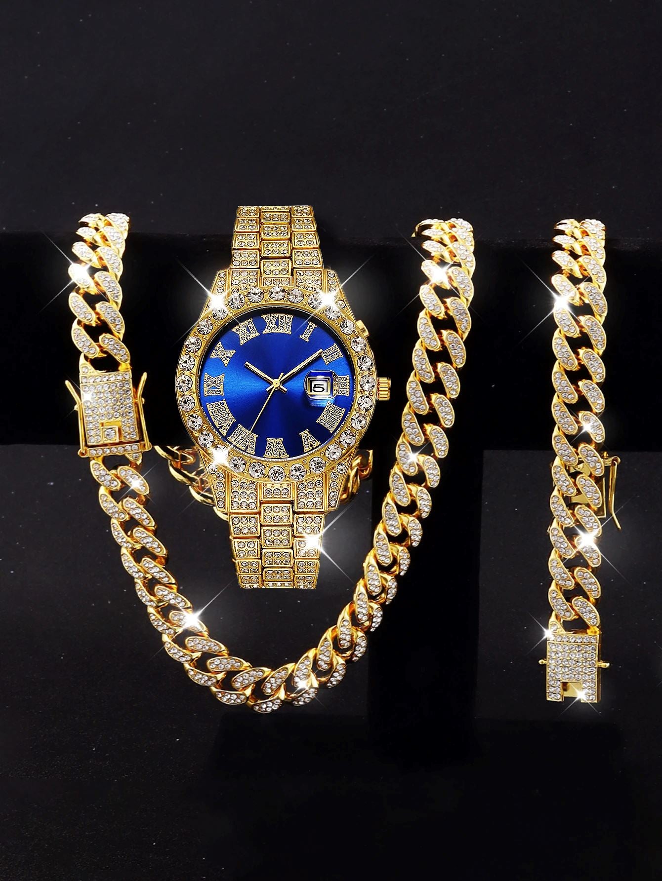 Kit Corrente Ice Cravejado + Pulseira + Relógio Masculino Mas - Rel - G1 - Kit Corrente Ice Cravejado + Pulseira + Relógio Superfacilita Dourado com Azul 