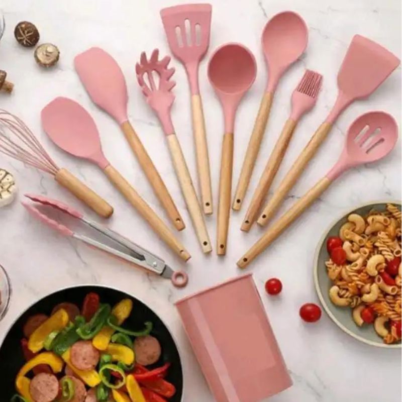 Kit de Utensílios de Cozinha Silicone Master 12 Peças Kit de Utensílios de Cozinha de Silicone com 12 Peças Superfacilita Rosa 