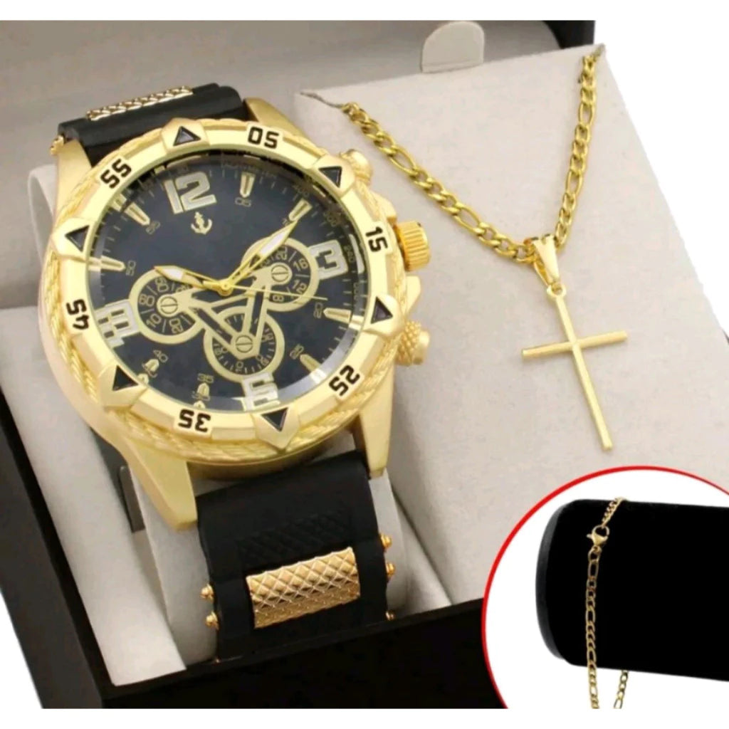 Kit Relógio Masculino + Pulseira Dourada e Prateada + Colar Cruz - Estilo e Elegância Kit Relógio Masculino + Pulseira Dourada e Prateada + Colar Cruz - Estilo e Elegância Superfacilita DOURADO PRATA 