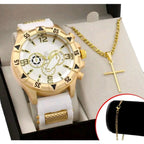 Kit Relógio Masculino + Pulseira Dourada e Prateada + Colar Cruz - Estilo e Elegância Kit Relógio Masculino + Pulseira Dourada e Prateada + Colar Cruz - Estilo e Elegância Superfacilita BRANCO PRATA 