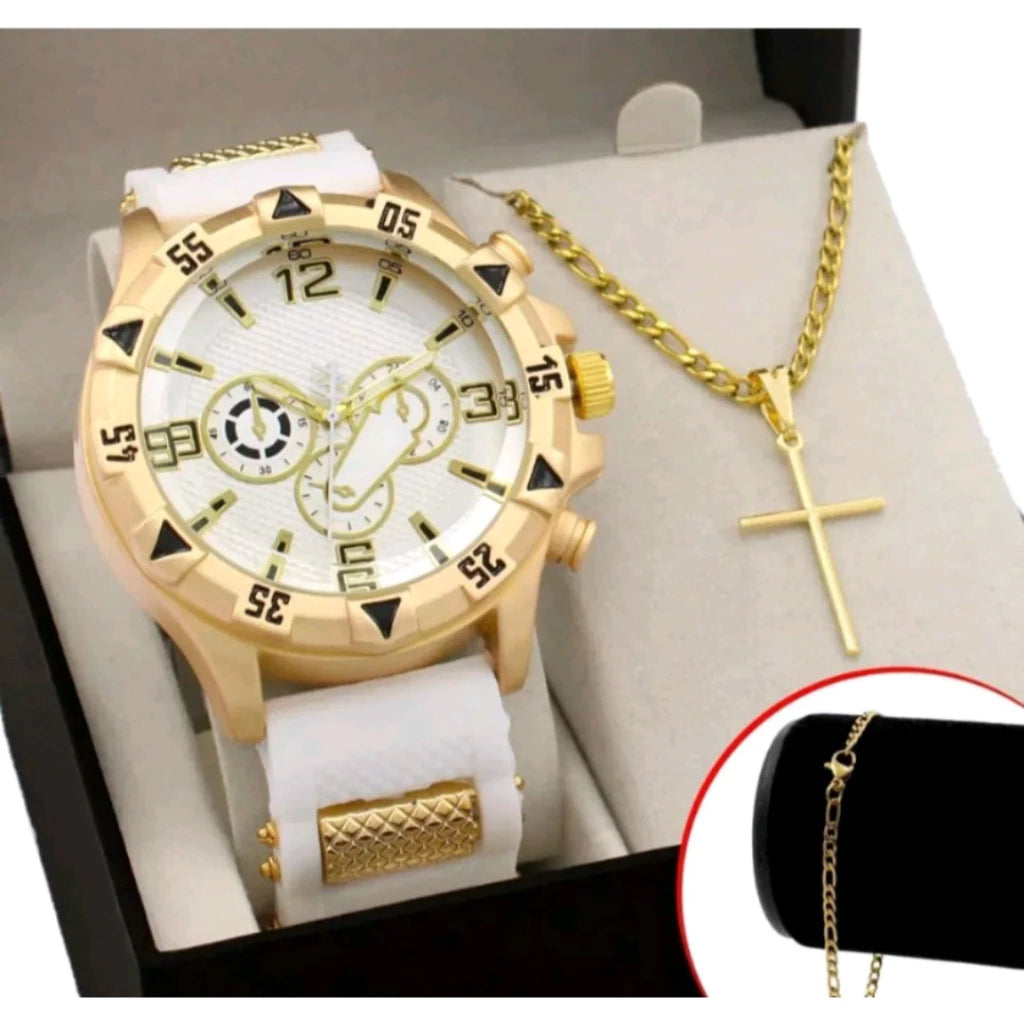 Kit Relógio Masculino + Pulseira Dourada e Prateada + Colar Cruz - Estilo e Elegância Kit Relógio Masculino + Pulseira Dourada e Prateada + Colar Cruz - Estilo e Elegância Superfacilita BRANCO PRATA 
