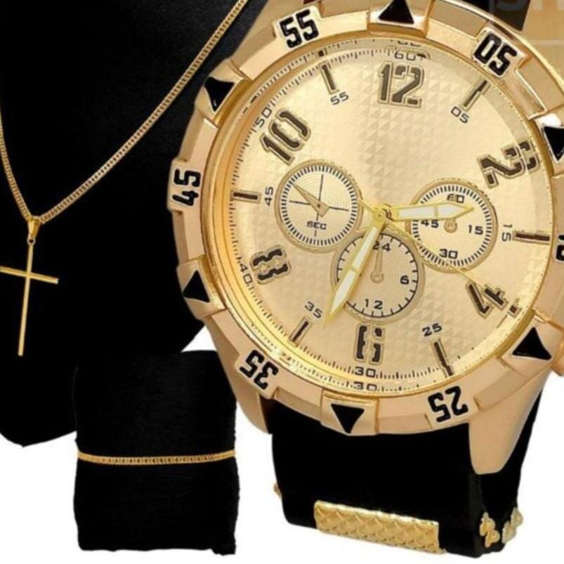 Kit Relógio Masculino + Pulseira Dourada e Prateada + Colar Cruz - Estilo e Elegância Kit Relógio Masculino + Pulseira Dourada e Prateada + Colar Cruz - Estilo e Elegância Superfacilita 