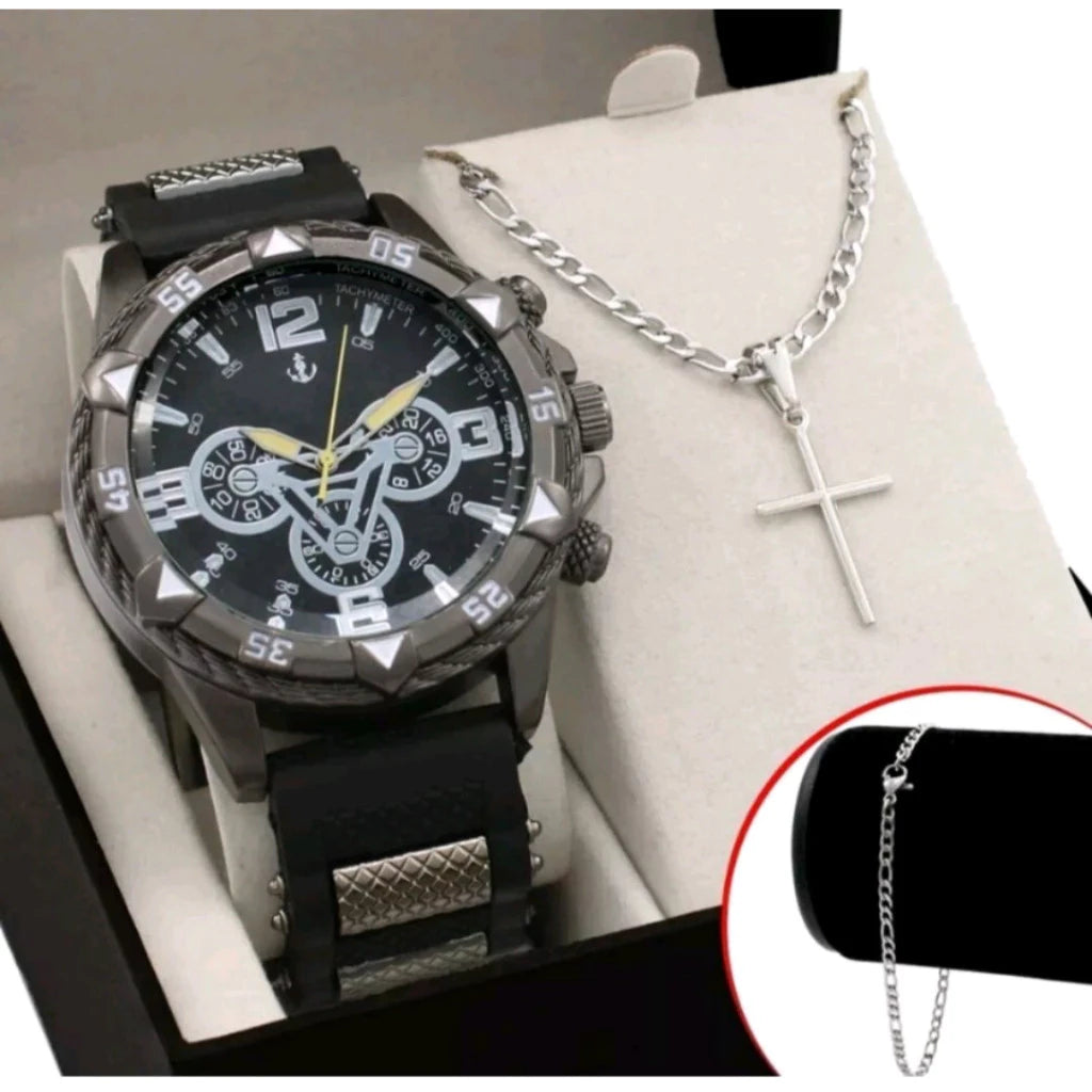 Kit Relógio Masculino + Pulseira Dourada e Prateada + Colar Cruz - Estilo e Elegância Kit Relógio Masculino + Pulseira Dourada e Prateada + Colar Cruz - Estilo e Elegância Superfacilita PRETO PRATA 
