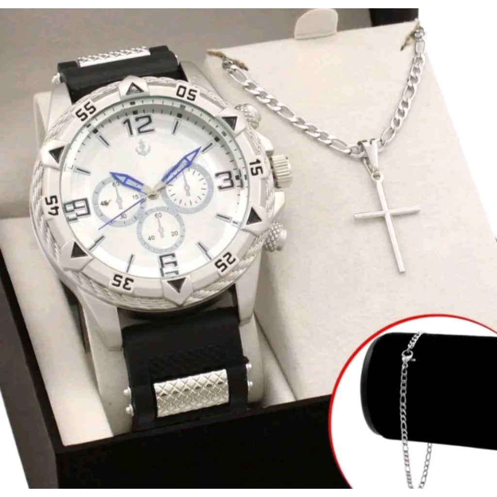 Kit Relógio Masculino + Pulseira Dourada e Prateada + Colar Cruz - Estilo e Elegância Kit Relógio Masculino + Pulseira Dourada e Prateada + Colar Cruz - Estilo e Elegância Superfacilita PRATA PRATA 