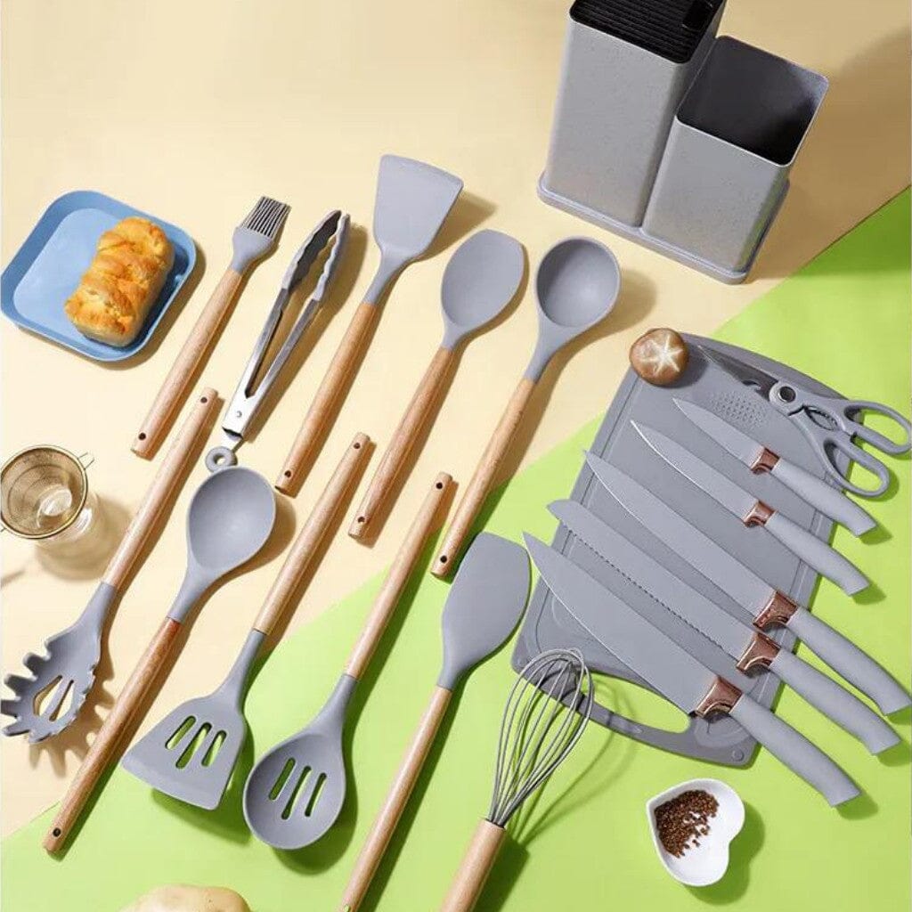Kit Utensílios de Cozinha de Silicone Premium 19 Peças kit-19-pecas-de-silicone Superfacilita CINZA 