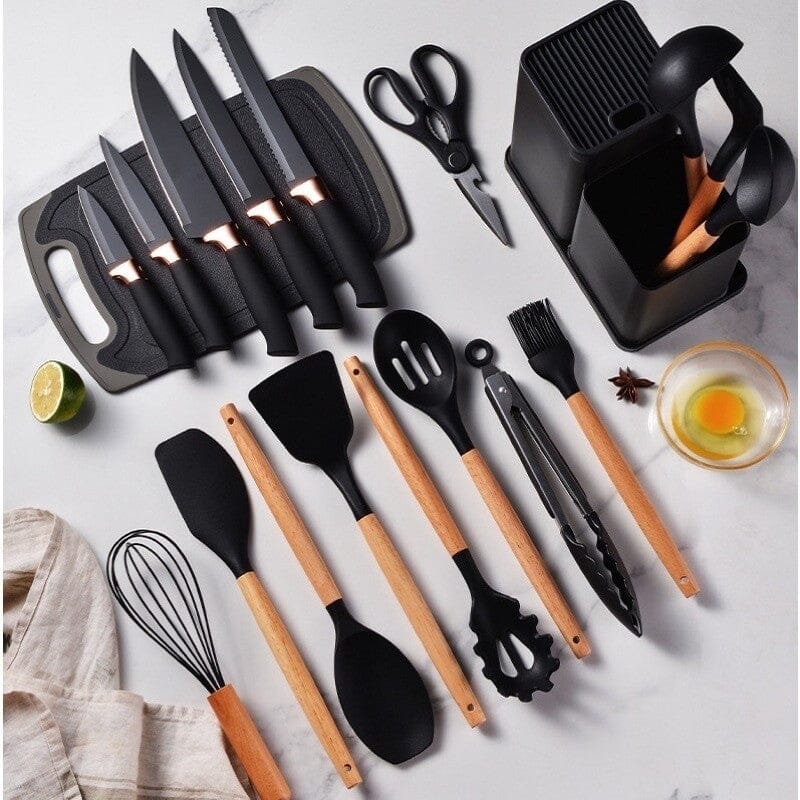 Kit Utensílios de Cozinha de Silicone Premium 19 Peças kit-19-pecas-de-silicone Superfacilita PRETO 