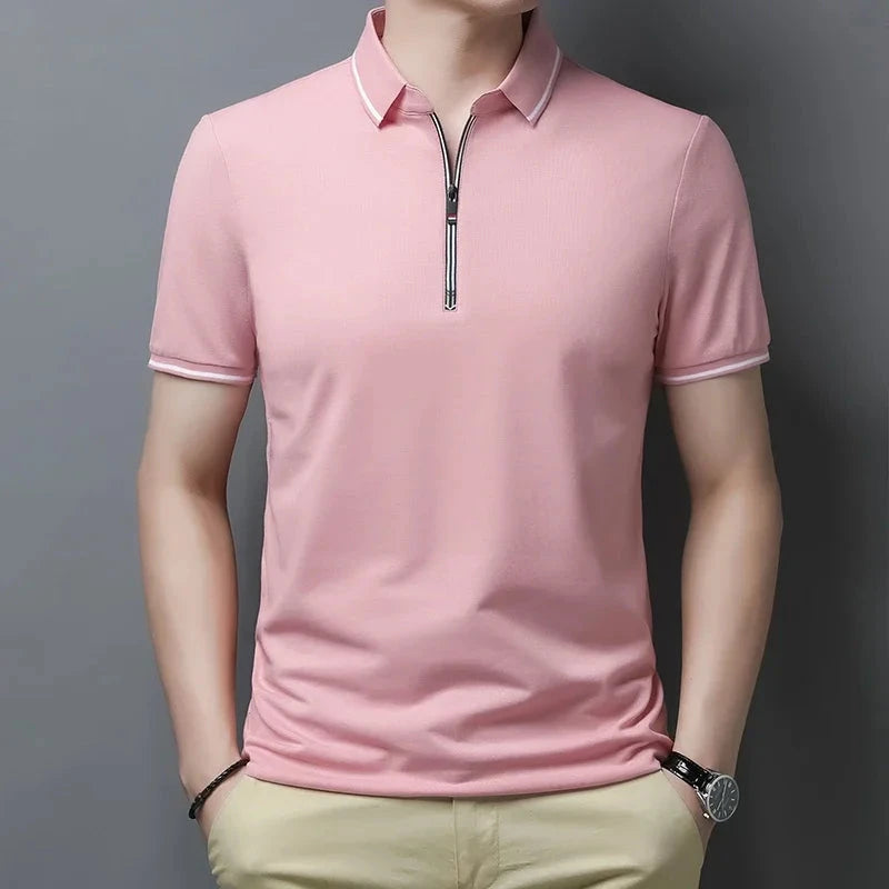 New Men's Casual and Fashionable Solid Color Short Sleeved Polo Shirt Superfacilita M Pink China Mainland