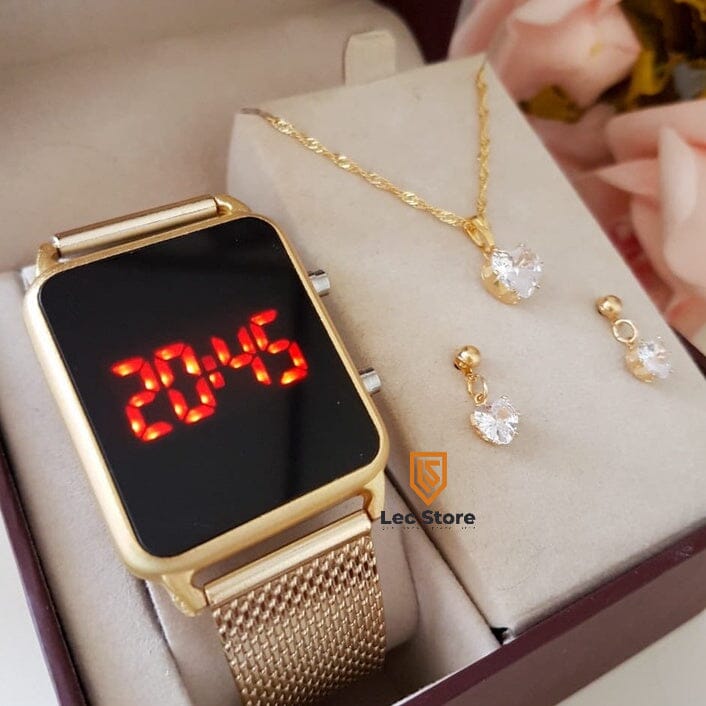Relógio Feminino Digital Quadrado + Colar e Brinco Folheadas SH - 507 - Relógio Feminino Digital Quadrado + Colar e Brinco Folheadas Superfacilita DOURADO + COLAR 