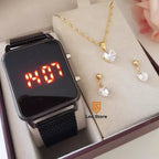 Relógio Feminino Digital Quadrado + Colar e Brinco Folheadas SH - 507 - Relógio Feminino Digital Quadrado + Colar e Brinco Folheadas Superfacilita PRETO + COLAR 