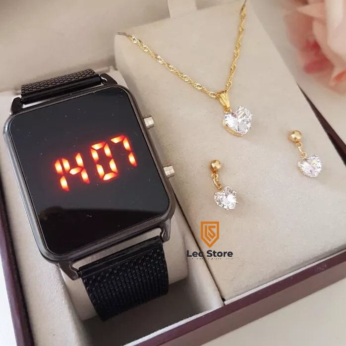 Relógio Feminino Digital Quadrado + Colar e Brinco Folheadas SH - 507 - Relógio Feminino Digital Quadrado + Colar e Brinco Folheadas Superfacilita PRETO + COLAR 