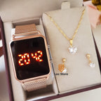 Relógio Feminino Digital Quadrado + Colar e Brinco Folheadas SH - 507 - Relógio Feminino Digital Quadrado + Colar e Brinco Folheadas Superfacilita ROSE + COLAR 