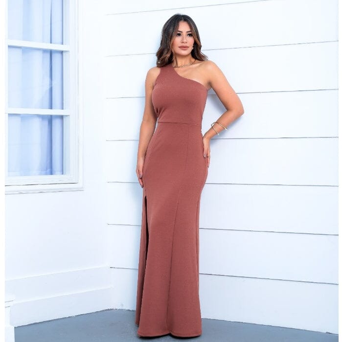 Vestido Longo Feminino Um Ombro Só com Fenda e Faixa Vestido Longo Feminino Um Ombro Só com Fenda e Faixa Superfacilita 