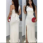 Vestido Longo Feminino Um Ombro Só com Fenda e Faixa Vestido Longo Feminino Um Ombro Só com Fenda e Faixa Superfacilita Branco Único (Veste do 38 ao 42) 