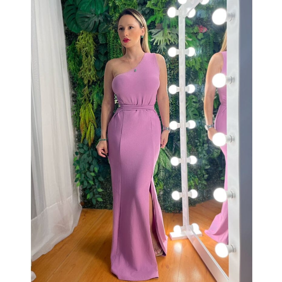 Vestido Longo Feminino Um Ombro Só com Fenda e Faixa Vestido Longo Feminino Um Ombro Só com Fenda e Faixa Superfacilita Lilás Único (Veste do 38 ao 42) 