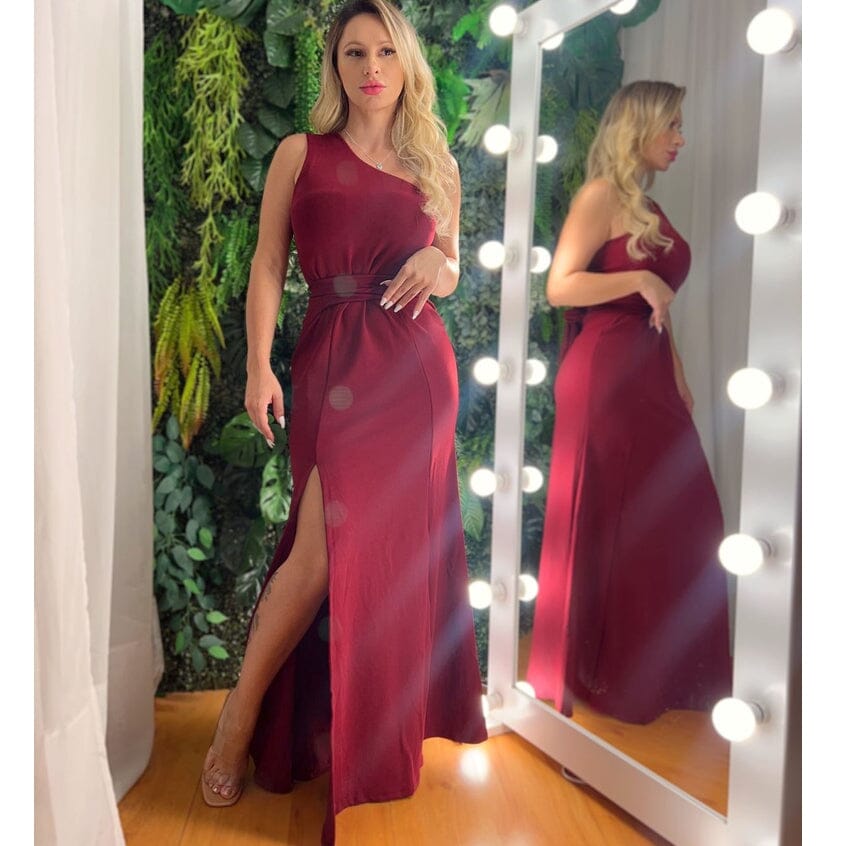 Vestido Longo Feminino Um Ombro Só com Fenda e Faixa Vestido Longo Feminino Um Ombro Só com Fenda e Faixa Superfacilita Marsala Único (Veste do 38 ao 42) 