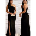 Vestido Longo Feminino Um Ombro Só com Fenda e Faixa Vestido Longo Feminino Um Ombro Só com Fenda e Faixa Superfacilita Preto Único (Veste do 38 ao 42) 