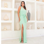 Vestido Longo Feminino Um Ombro Só com Fenda e Faixa Vestido Longo Feminino Um Ombro Só com Fenda e Faixa Superfacilita Verde Menta Único (Veste do 38 ao 42) 
