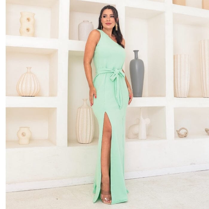 Vestido Longo Feminino Um Ombro Só com Fenda e Faixa Vestido Longo Feminino Um Ombro Só com Fenda e Faixa Superfacilita Verde Menta Único (Veste do 38 ao 42) 