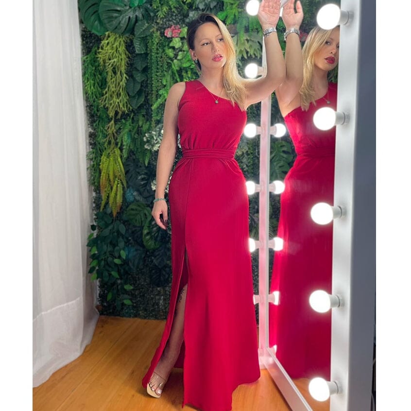 Vestido Longo Feminino Um Ombro Só com Fenda e Faixa Vestido Longo Feminino Um Ombro Só com Fenda e Faixa Superfacilita Vermelho Único (Veste do 38 ao 42) 