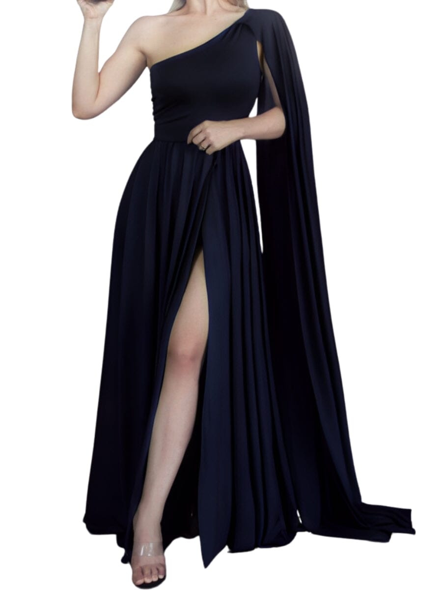 Vestido Longo Festa com Manga Capa e Ombro Só Vestido Longo Festa com Manga Capa e Ombro Só Superfacilita Preto Brilhante M 