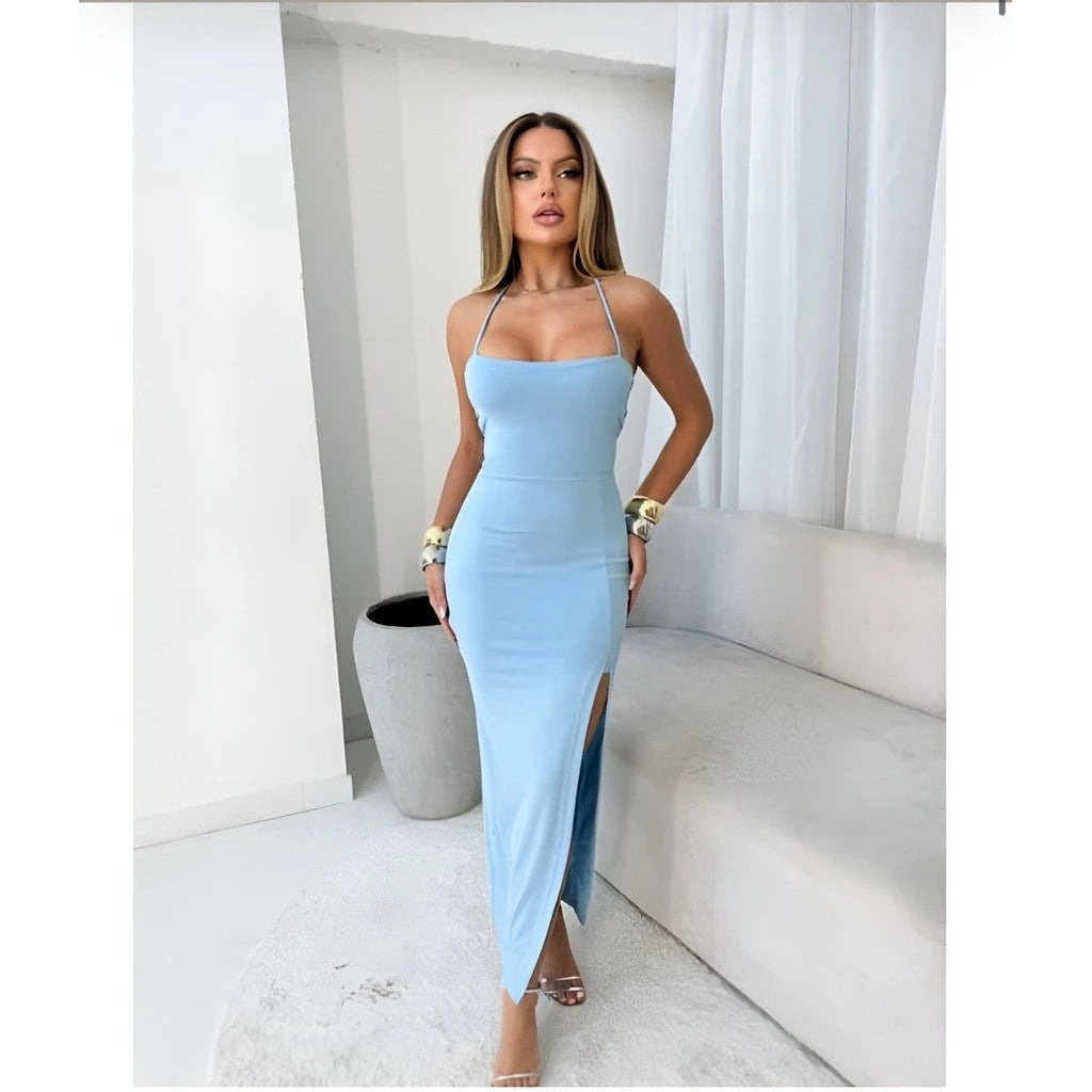 Vestido Longo Suplex com Fenda e Costas Trançadas SH - Vestido Longo Suplex com Fenda e Costas Trançadas Superfacilita Azul 