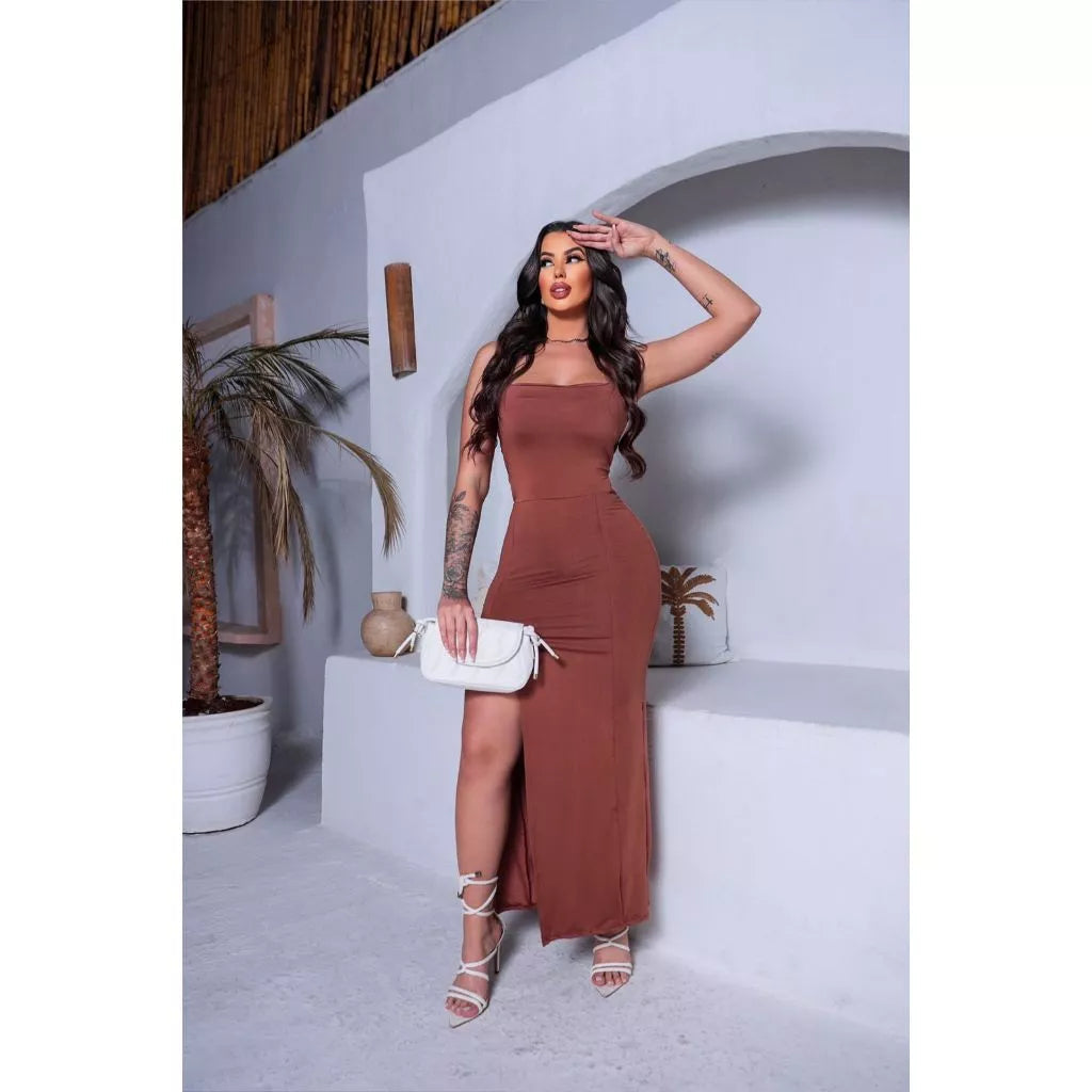Vestido Longo Suplex com Fenda e Costas Trançadas SH - Vestido Longo Suplex com Fenda e Costas Trançadas Superfacilita Marrom 