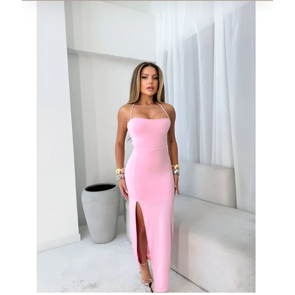 Vestido Longo Suplex com Fenda e Costas Trançadas SH - Vestido Longo Suplex com Fenda e Costas Trançadas Superfacilita Rosa 