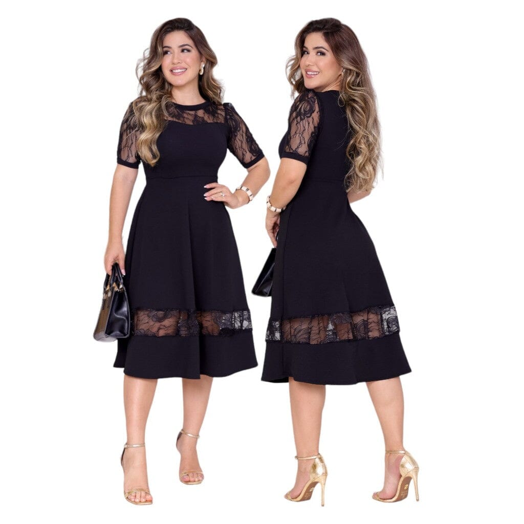 Vestido Mídi Rodado com Renda e Alta Elasticidade Vestido Mídi Rodado com Renda e Alta Elasticidade Superfacilita Preto M(38/40) 