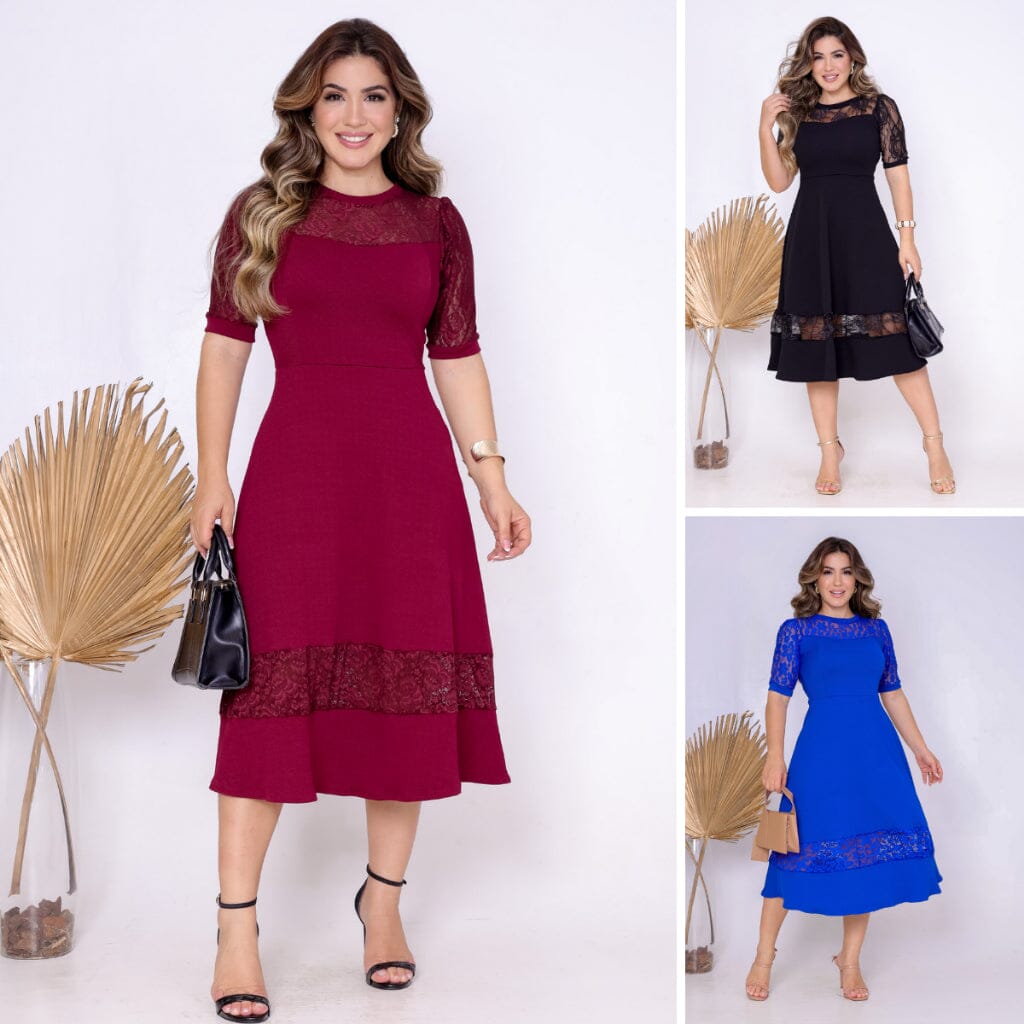 Vestido Mídi Rodado com Renda e Alta Elasticidade Vestido Mídi Rodado com Renda e Alta Elasticidade Superfacilita Vermelho Marsala M(38/40) 