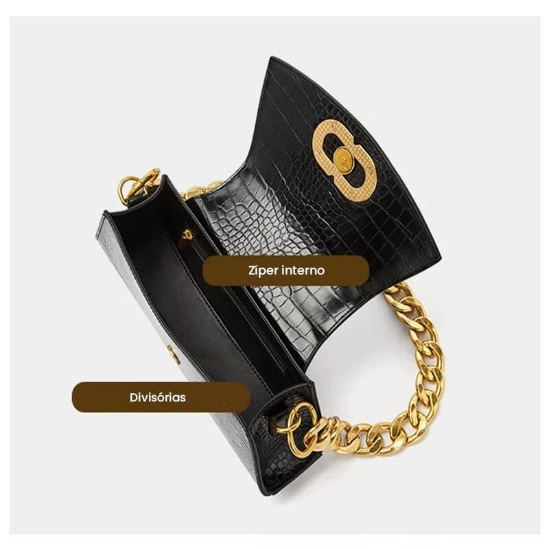 Bolsa de Ombro com Textura Croco e Corrente Bolsa de Ombro com Textura Croco e Corrente Em Revisão 
