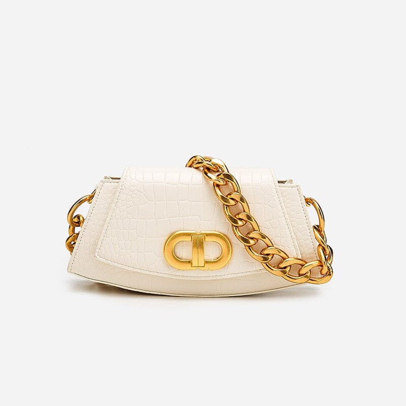 Bolsa de Ombro com Textura Croco e Corrente Bolsa de Ombro com Textura Croco e Corrente Em Revisão Branca 