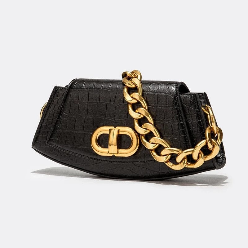 Bolsa de Ombro com Textura Croco e Corrente Bolsa de Ombro com Textura Croco e Corrente Em Revisão Preta 